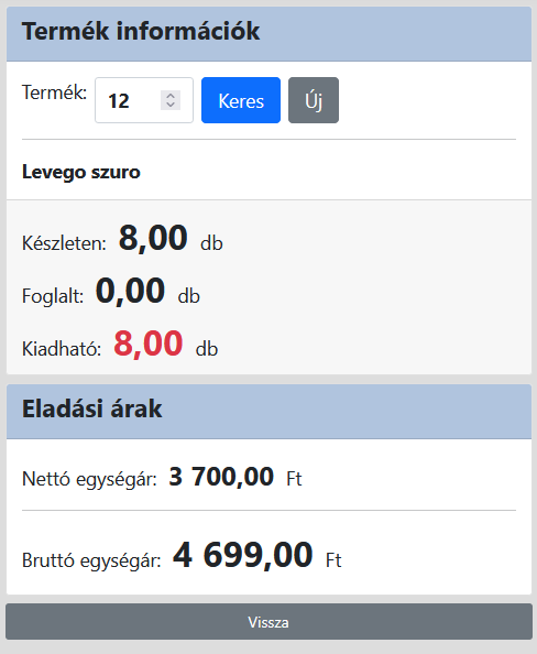Termék infó